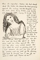 Alicia empieza a crecer después de beber de la pequeña botella, ilustración de Las aventuras de Alicia bajo tierra, publicado en 1886